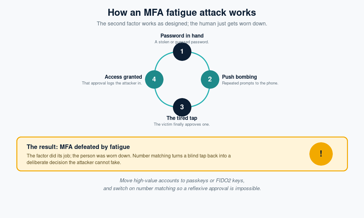 Diagram showing an MFA fatigue attack: the attacker has the password, sends repeated push prompts, the victim approves one out of fatigue, and access is granted