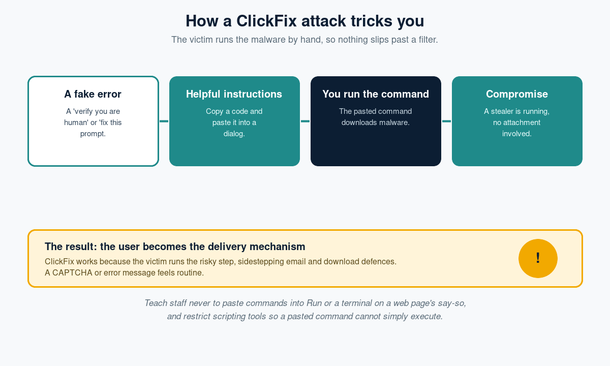 Diagram of a ClickFix attack: a fake error, helpful instructions to paste a command, the user running it, and the resulting compromise
