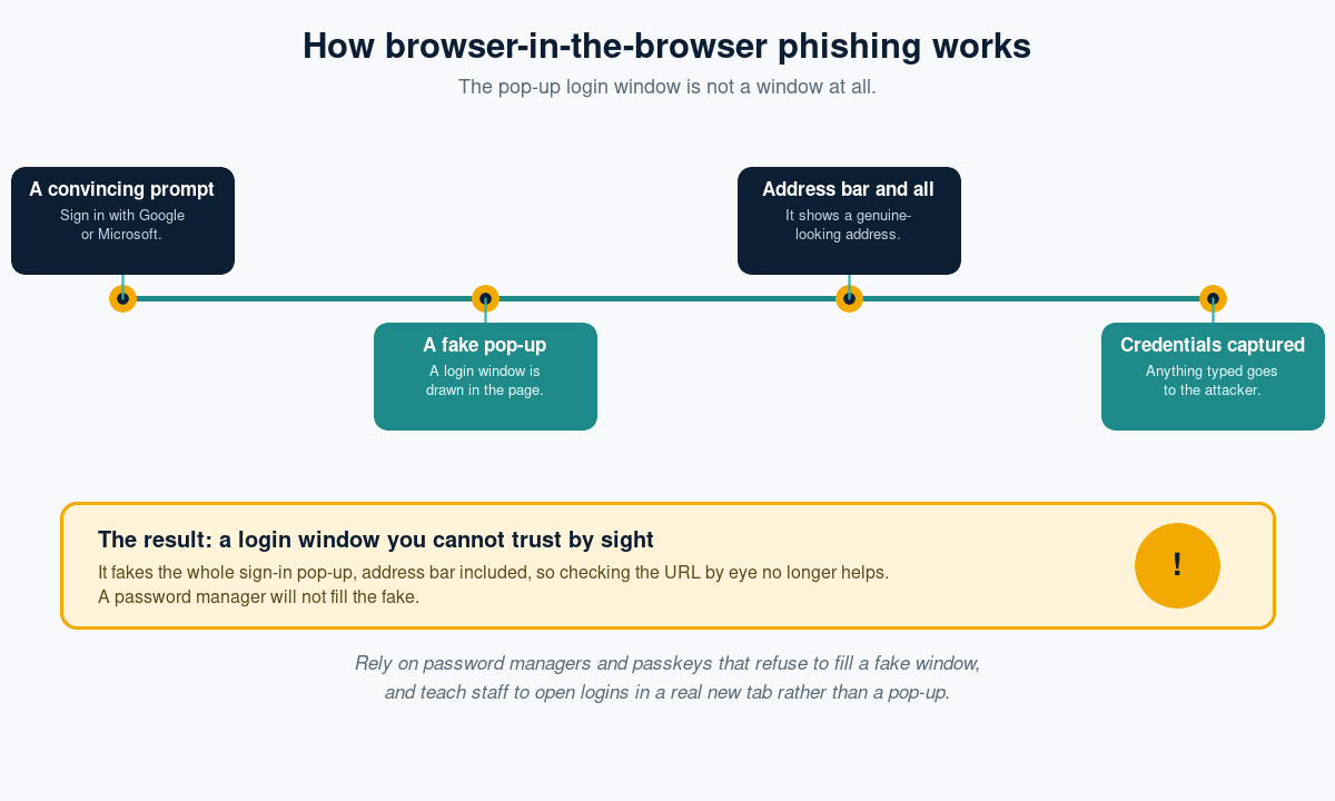Diagram of browser-in-the-browser phishing: a convincing sign-in prompt, a fake pop-up drawn in the page, a genuine-looking address bar, and captured credentials