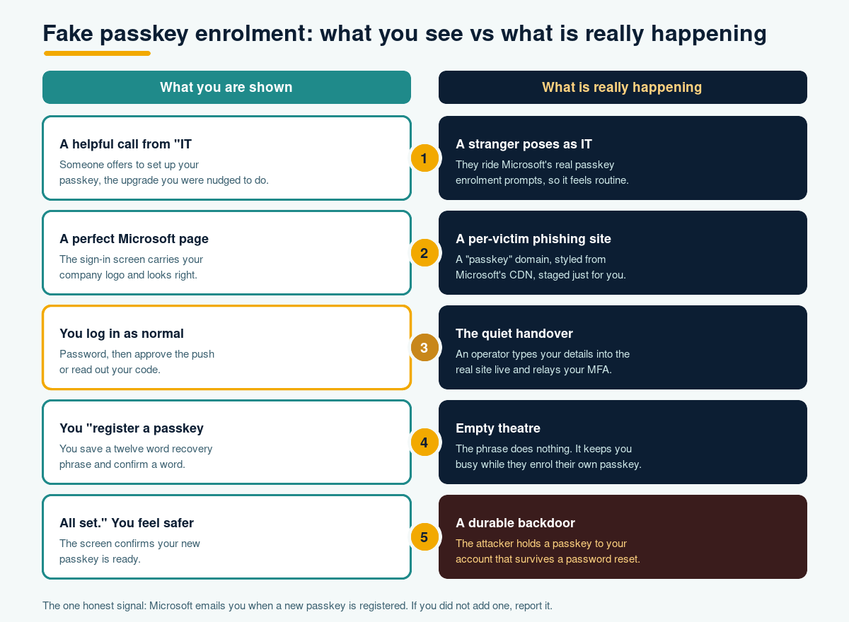 Two-column comparison showing what the victim sees during a fake passkey enrolment call versus what the attacker is really doing at each step.