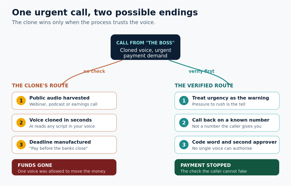 Two-path diagram comparing the attacker's route, where a cloned voice and a fake deadline lead straight to a payment, with the verified route, where the same call is stopped by a callback on a known number, a codeword and a second approver.