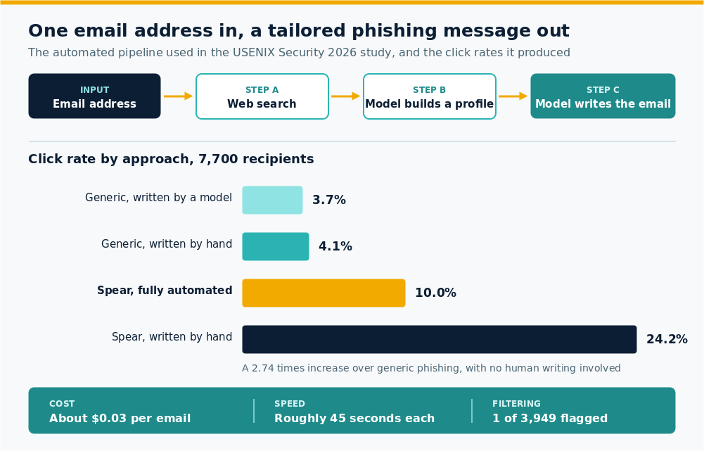Diagram of the automated spear phishing pipeline and a bar chart of click rates by approach