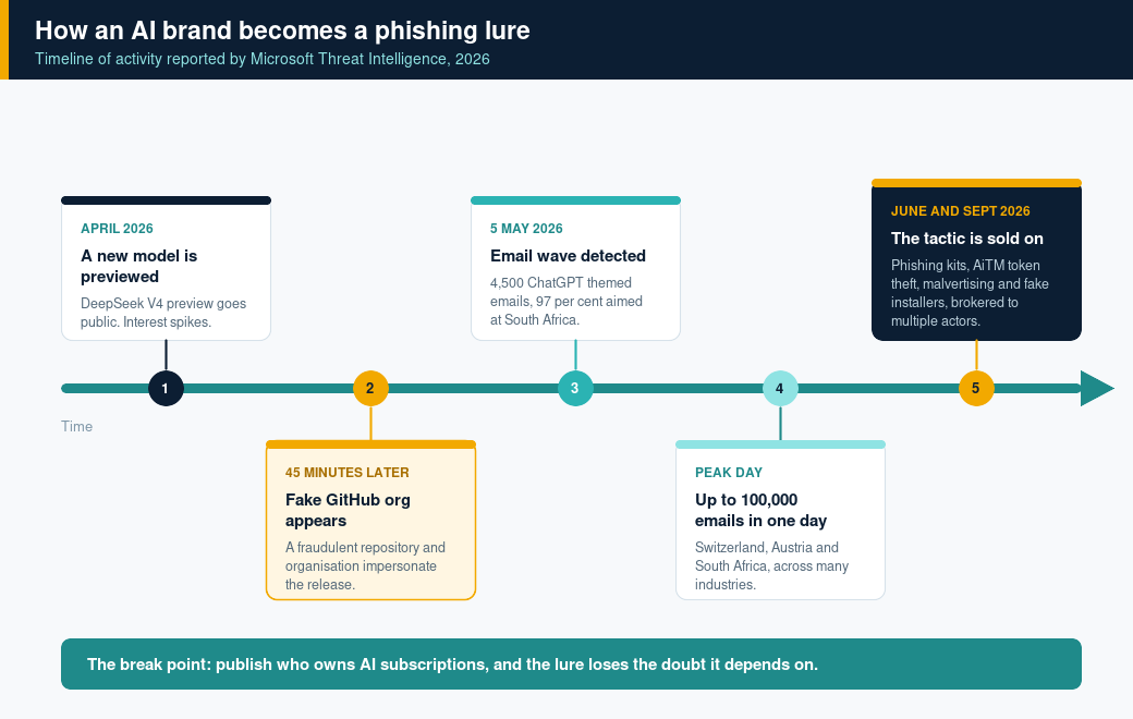 Timeline diagram showing a DeepSeek V4 preview, a fraudulent GitHub organisation appearing 45 minutes later, a 4,500 email ChatGPT themed wave on 5 May 2026, a peak day of up to 100,000 emails, and the tactic being brokered to multiple actors