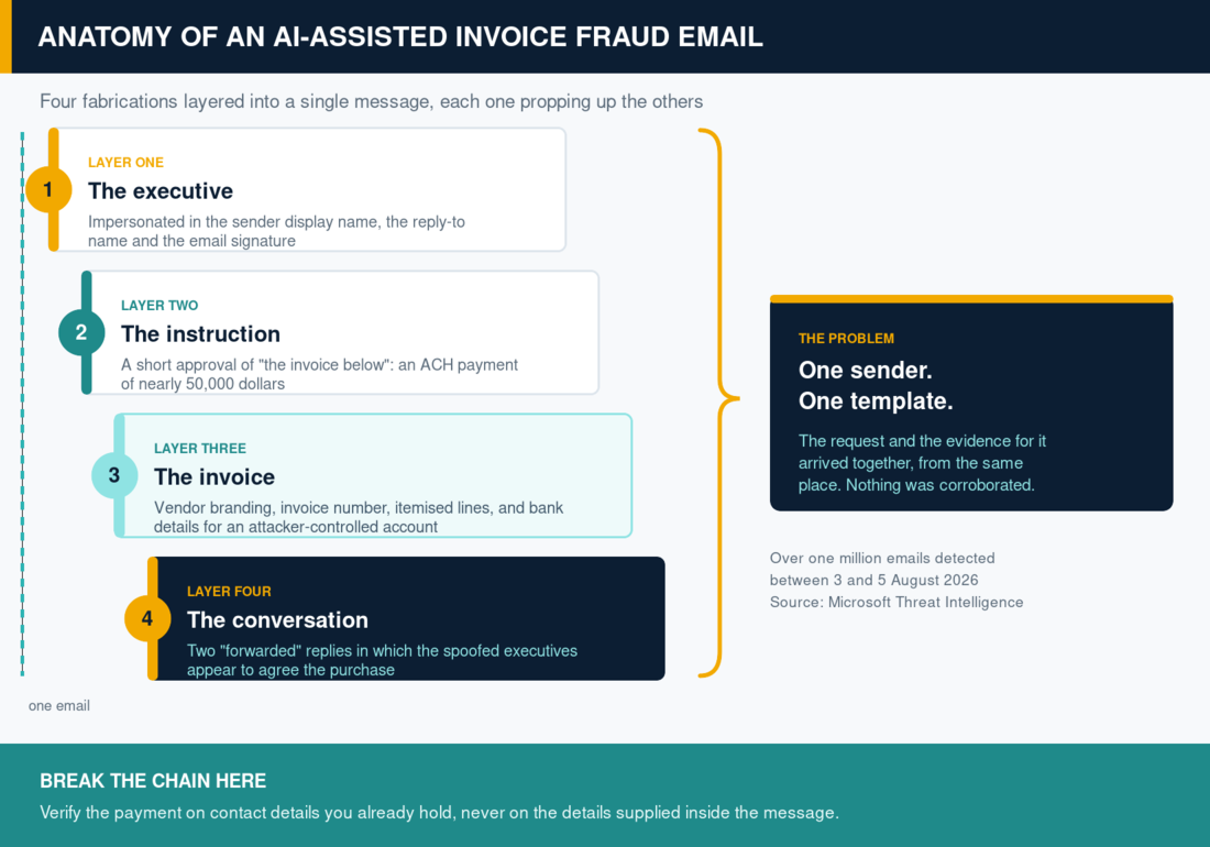 Diagram showing four layers of fabrication stacked inside one invoice fraud email: the impersonated executive, the payment instruction, the fake invoice and the fake forwarded conversation, all originating from a single sender.