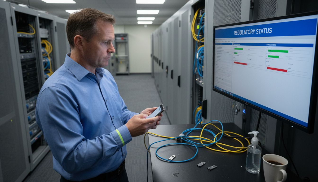 Manager checks compliance dashboard and phone