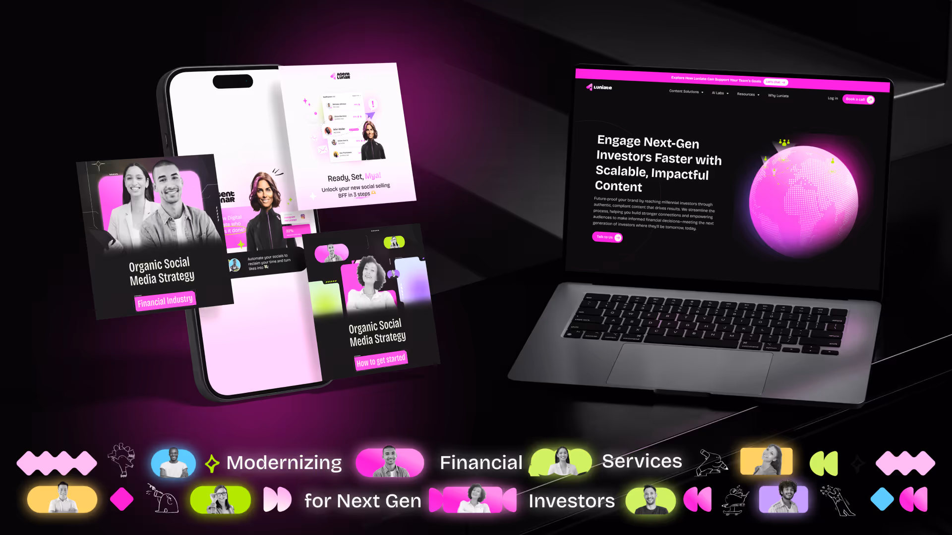 Digital workspace showing a smartphone with social media strategy ads and a laptop with a webpage about engaging next-gen investors with scalable content.