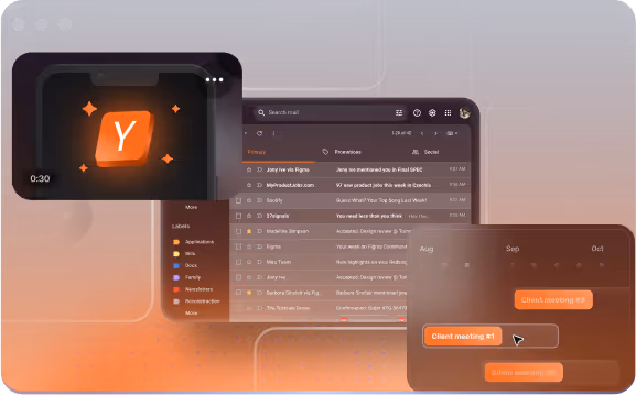 Email client interface showing inbox with multiple messages, sidebar with labels, video thumbnail, and a chat popup with client meeting messages.