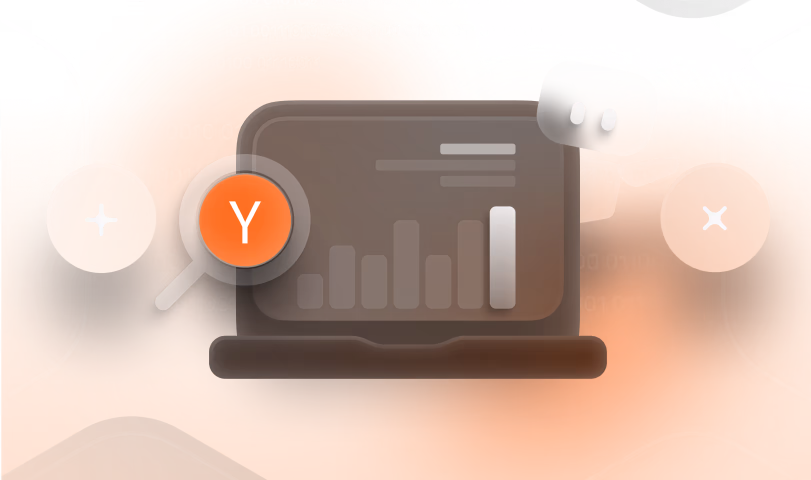Abstract digital illustration of a laptop displaying a bar chart with a magnifying glass over the Logo Y Combinator and a small robot figure pointing at it, set against an orange background with binary code.