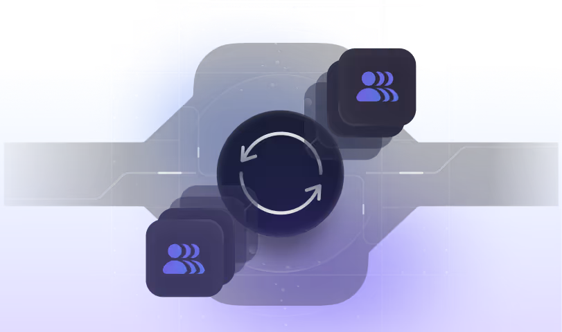Abstract digital illustration showing a central circular icon with two arrows forming a cycle, connected to two smaller boxes with group icons on a gradient blue and purple background.