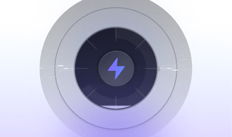 Dark circular interface with a blue lightning bolt icon in the center surrounded by glowing blue and purple gradients and digital lines.