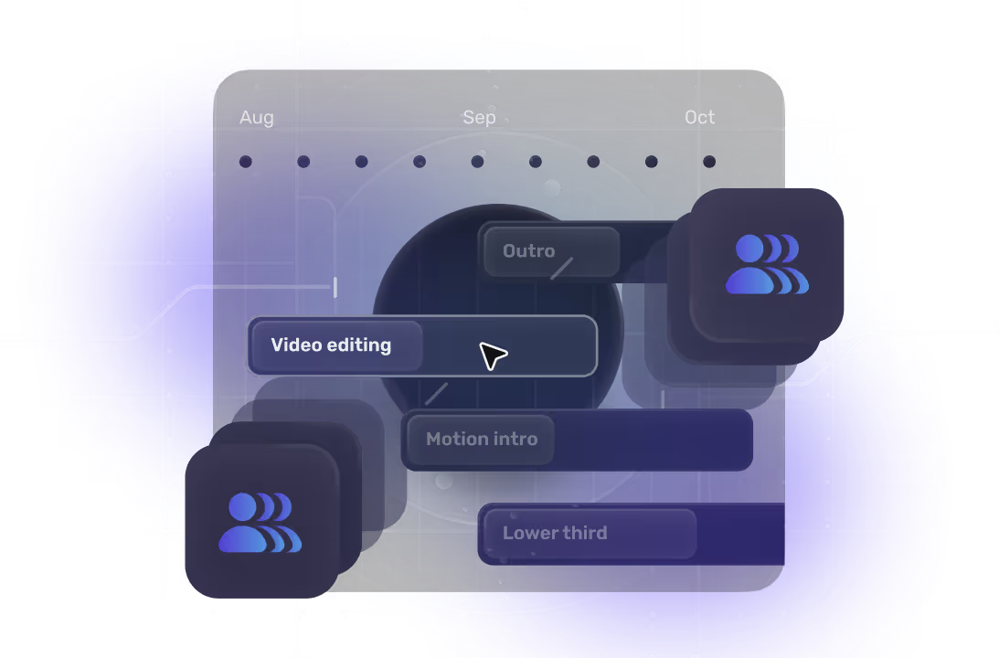 Digital project timeline interface showing tasks labeled Video editing, Outro, Motion intro, and Lower third with a cursor pointer on Video editing, spanning months August to October.