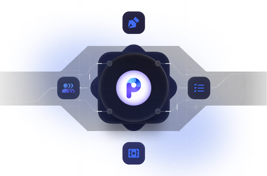 Central circular icon with letter 'P' surrounded by four smaller icons connected by lines on a blue and black abstract background.