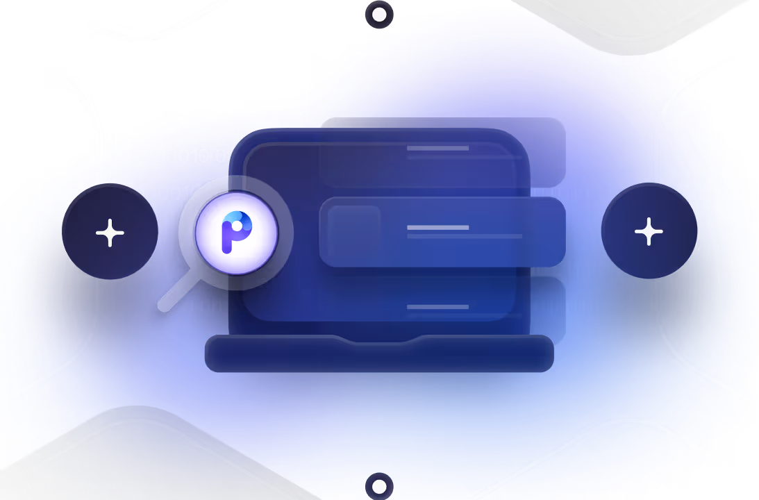 Abstract digital illustration with magnifying glass highlighting a blue 'P' logo over layered transparent rectangles on a blue background.
