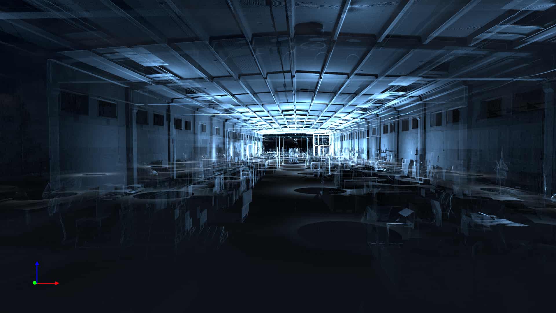 Laser scan point cloud of industrial interior showing structural elements and spatial layout in high detail.