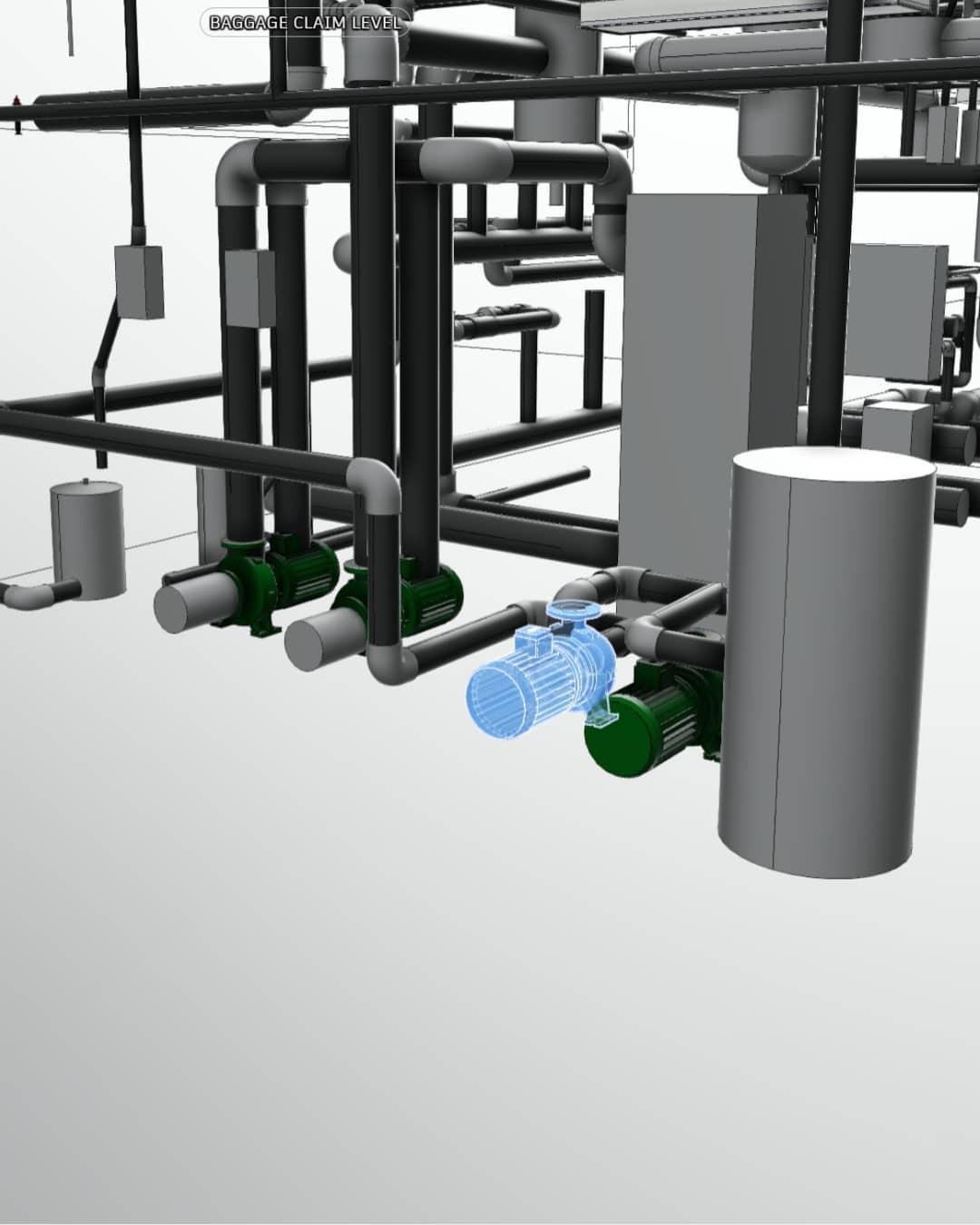 Isometric view of industrial piping with pumps and valves in a BIM environment.