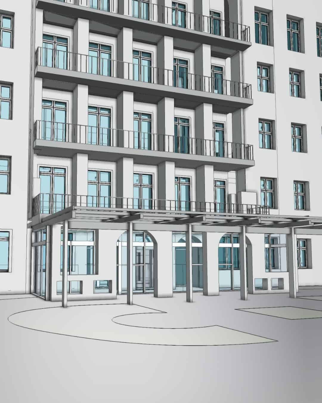 Detailed 3D model of a building façade with balconies and transparent glass entrances.