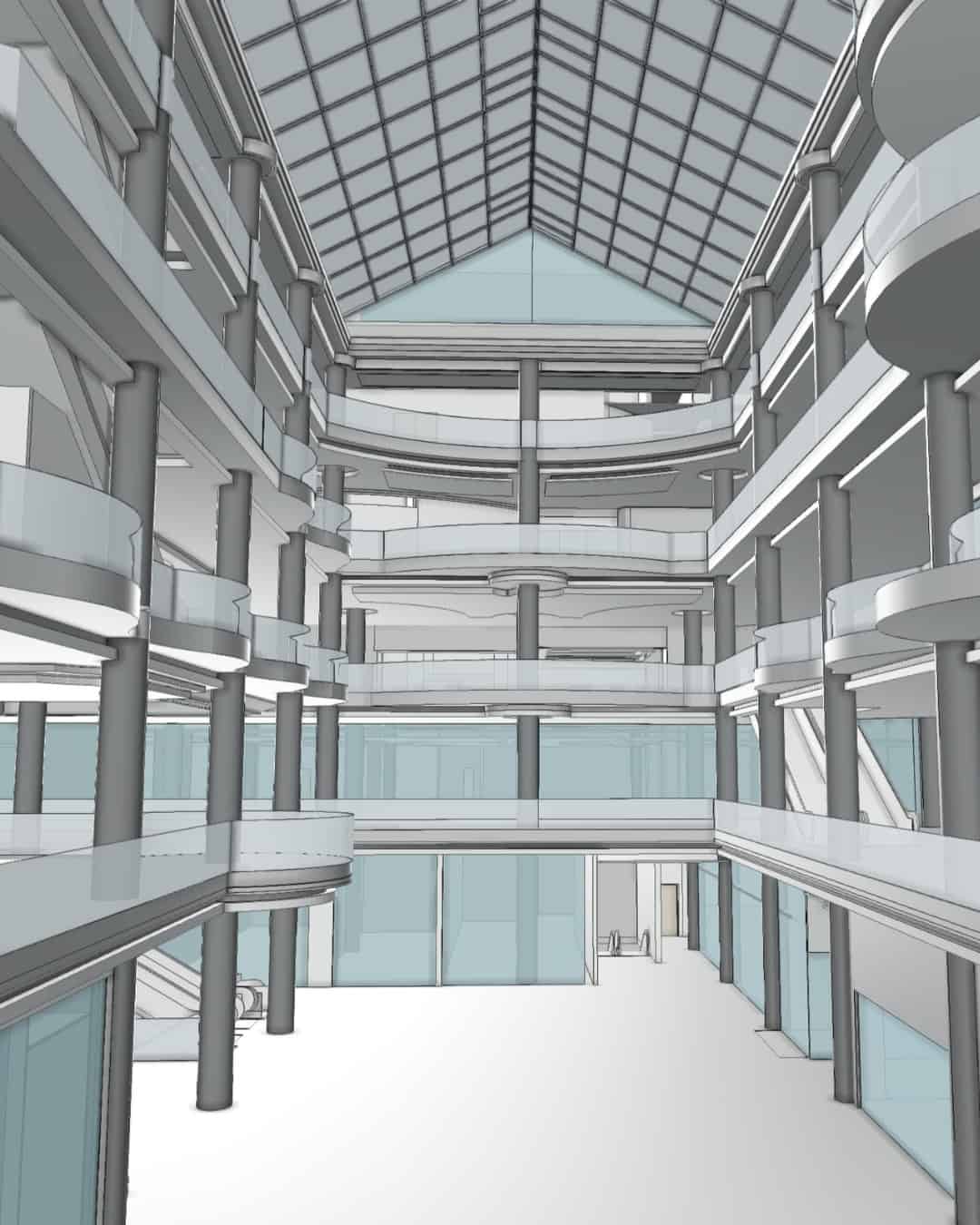 Interior 3D model of a commercial atrium with glass roof and multi-story balconies.

