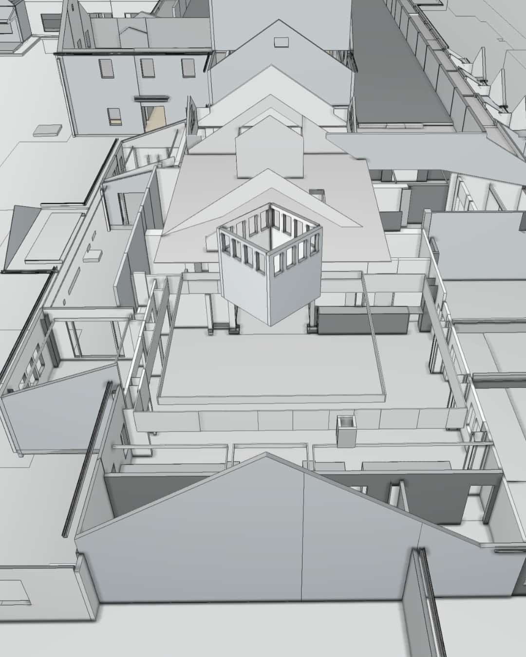 Wireframe architectural section showing internal layout and construction elements of a multi-roof building.