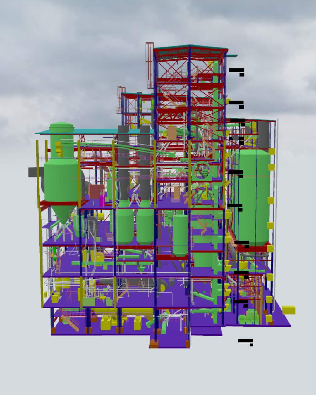 Color-coded BIM model of an industrial facility highlighting structural and mechanical components.