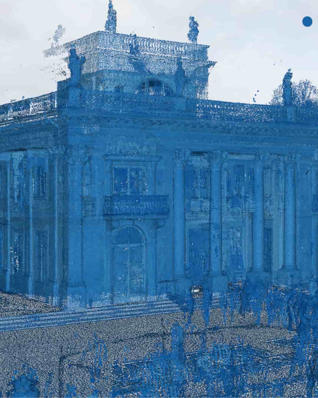 3D laser scan in blue tones of a classical architectural structure with columns and decorative sculptures.