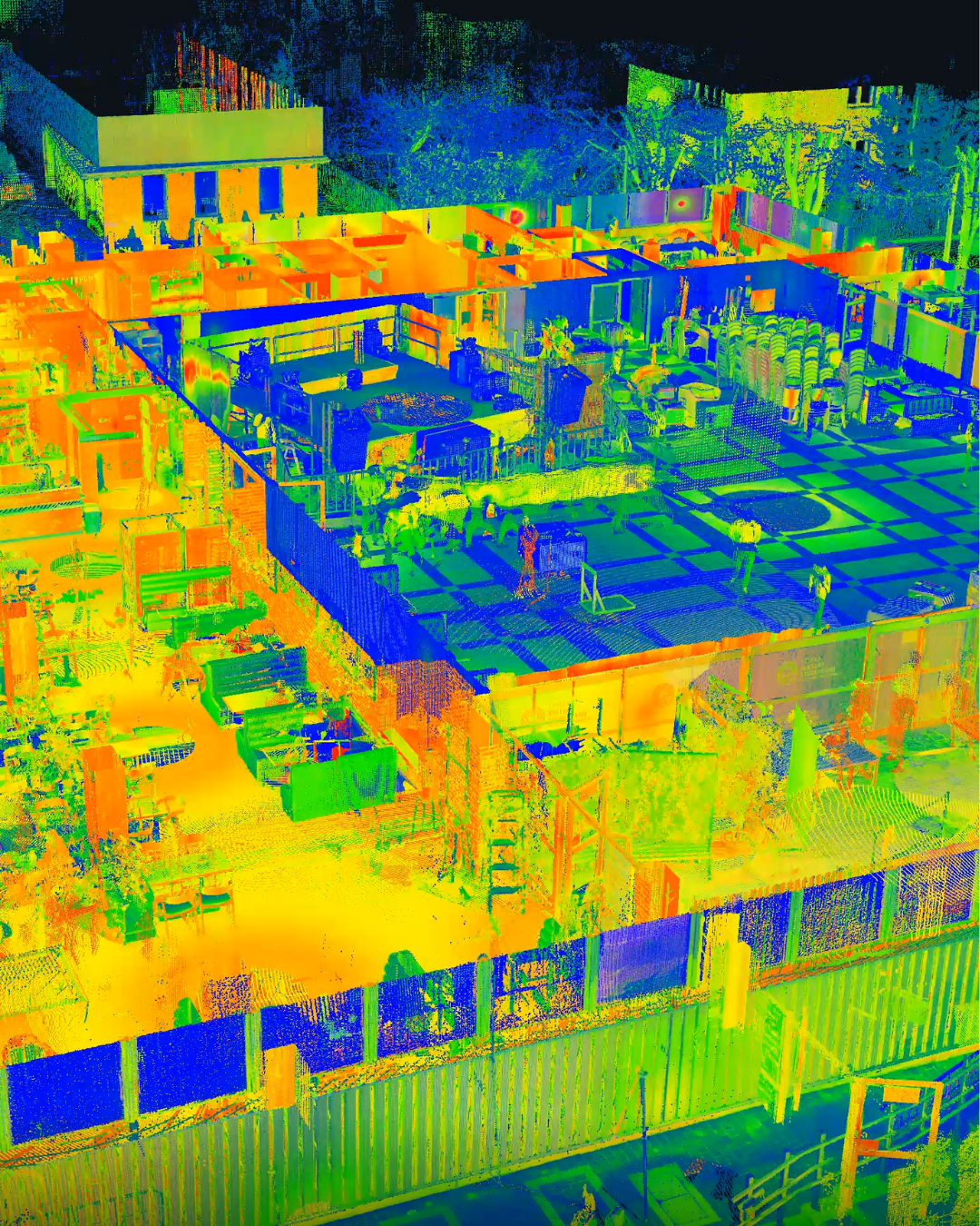Detailed LiDAR scan of a large interior space with varied equipment, furniture, and architectural elements.