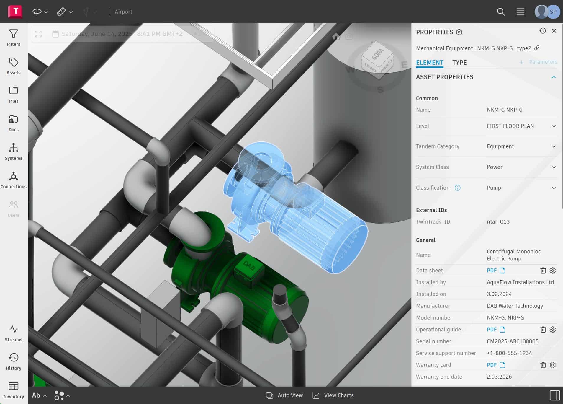 TwinTrack integration with 3D BIM viewer showing selected equipment and asset metadata