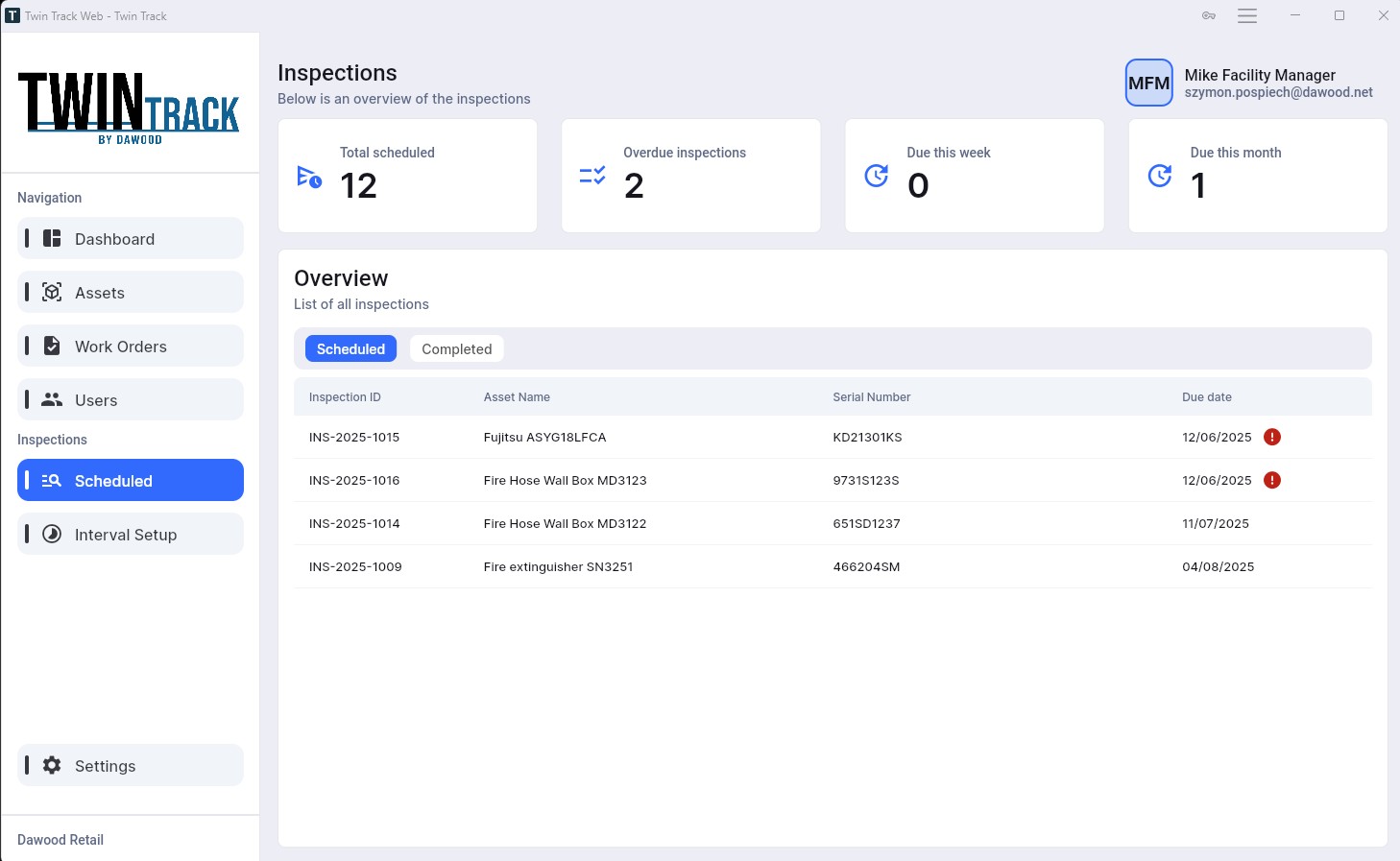 TwinTrack inspection dashboard listing scheduled inspections with asset names and due dates