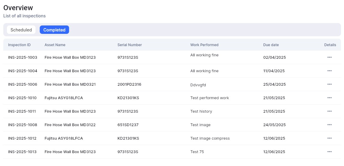 List of completed inspections in TwinTrack with asset names, serial numbers, and due dates