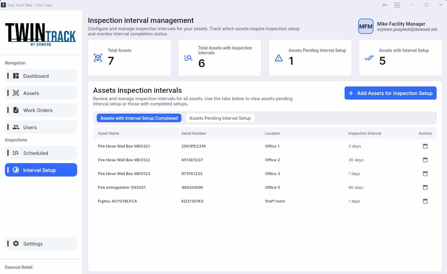 Inspection interval setup screen in TwinTrack for configuring asset maintenance frequency