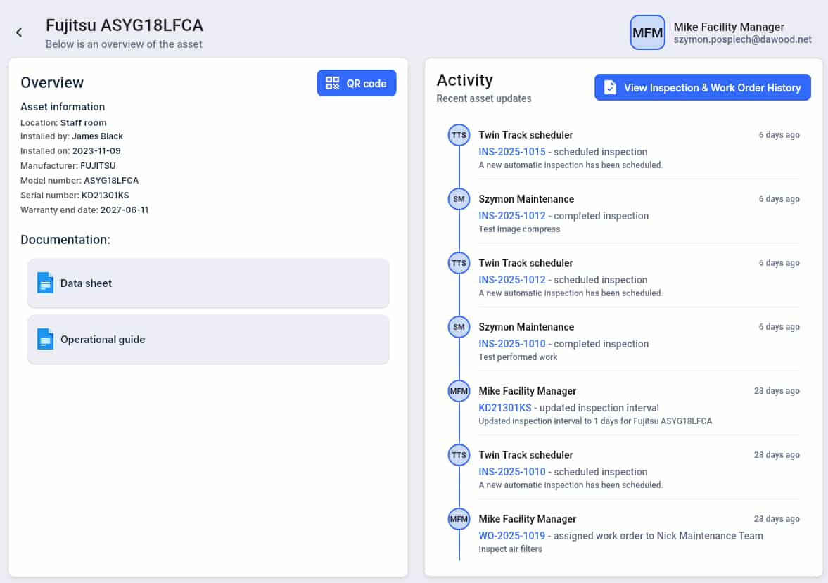 Asset detail view in TwinTrack showing specifications, documentation, and recent maintenance history
