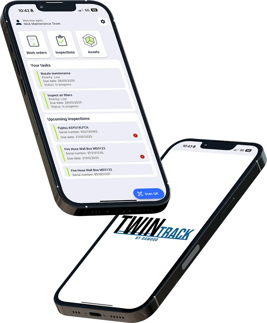 Mobile app interface of TwinTrack for managing inspections, assets, and tasks in facility operations