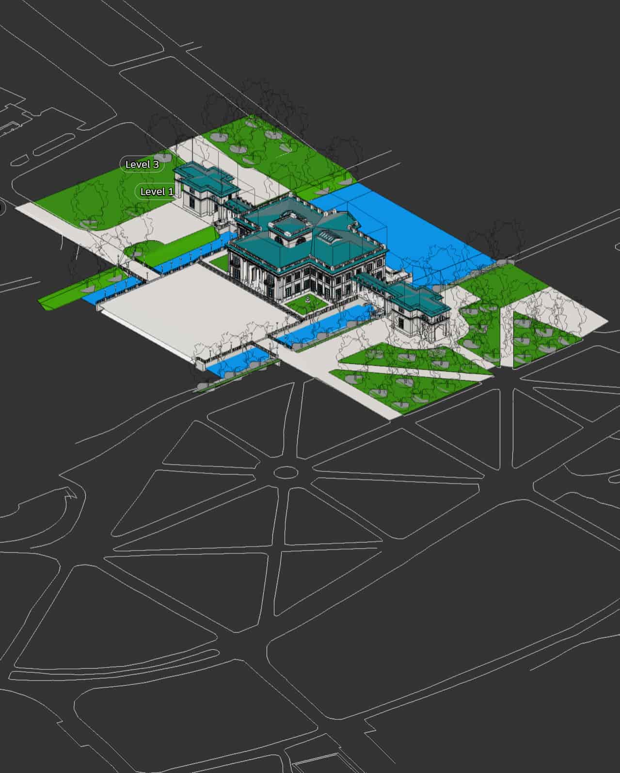 3D BIM model of building and site terrain with landscape and infrastructure layout for planning and visualization