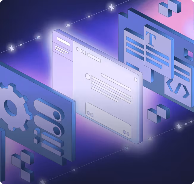 Digital illustration of three floating web interface panels with settings gear, toggle switches, text blocks, and code symbol on a purple gradient background with connecting lines and glowing points.