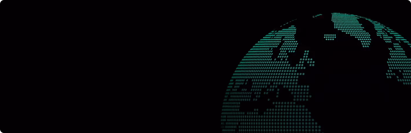 Partial digital globe made of green dots on a black background, showing continents.