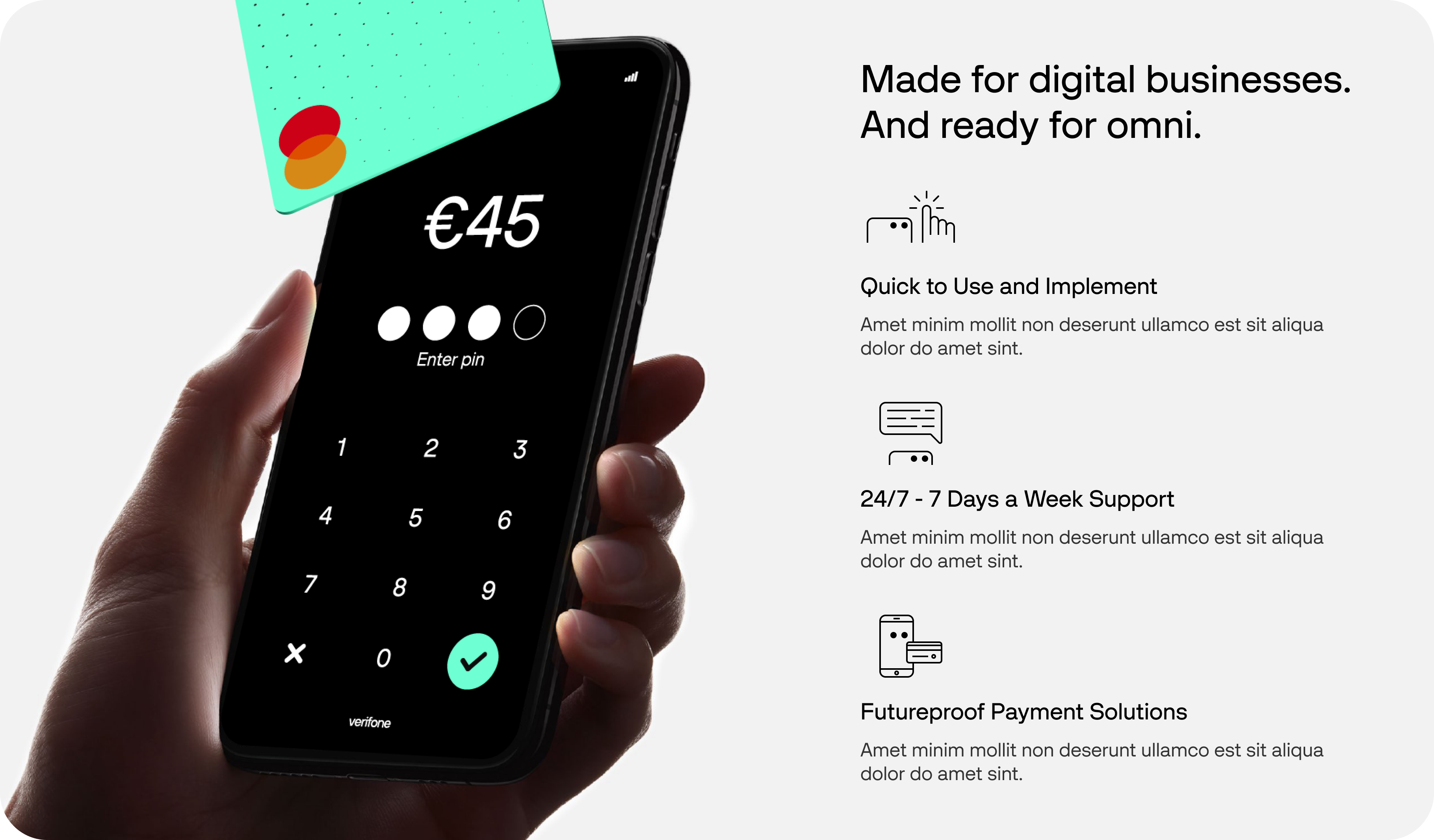 Promotional card reader and credit card image with text highlighting $8 trillion payment transactions processed each year and $2.5 billion investment over the last decade.