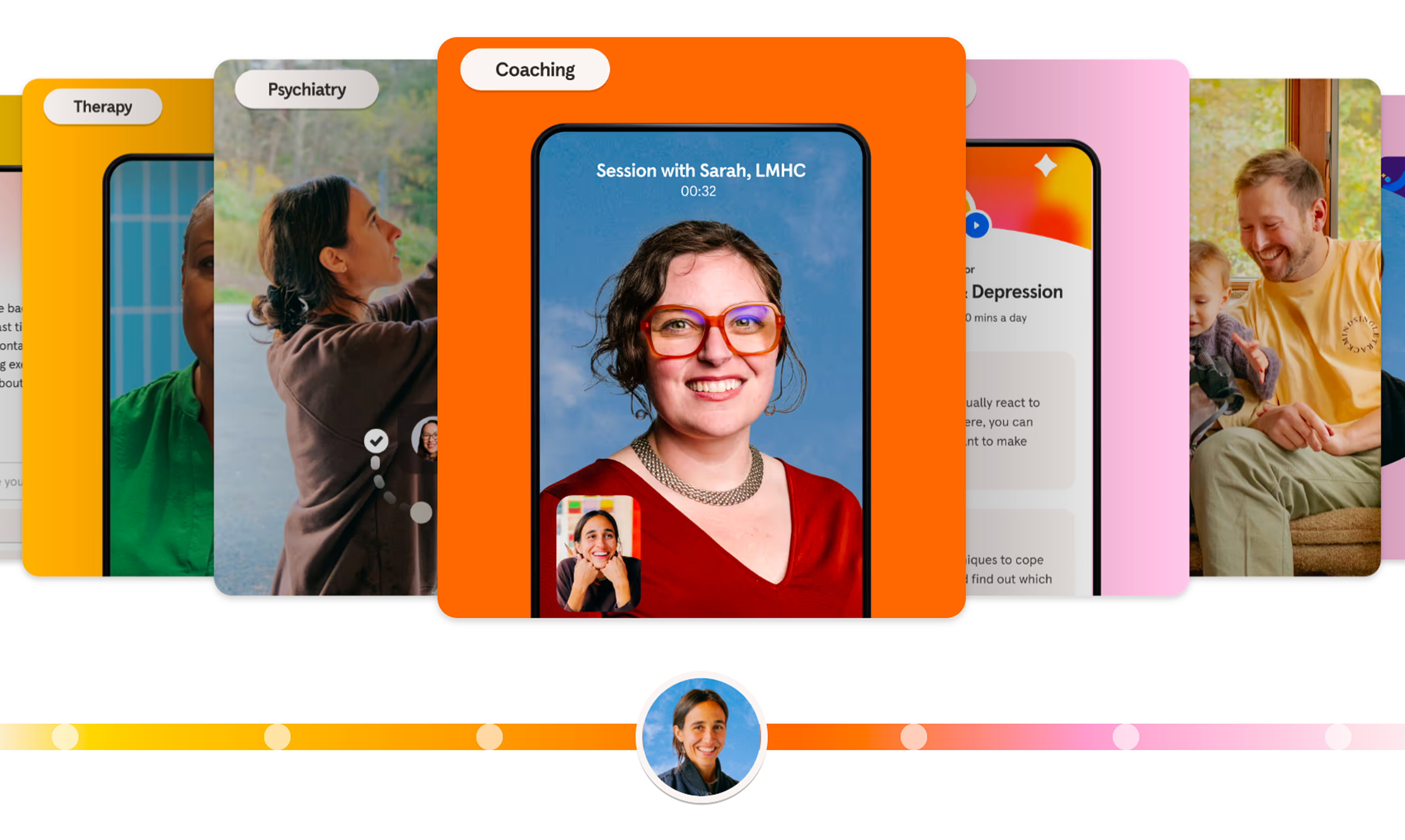 A carousel interface featuring sections labeled Therapy, Psychiatry, Coaching, and Depression, with a highlighted video call screen showing a smiling woman with glasses and a smaller inset of another woman during a coaching session.