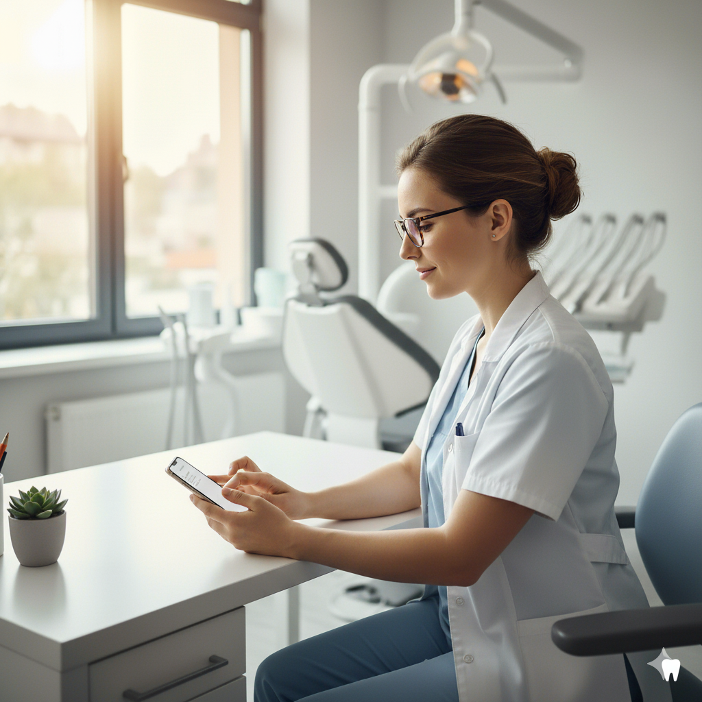 Empfangsmitarbeiterin schreibt am Bildschirm WhatsApp-Nachricht an Patient