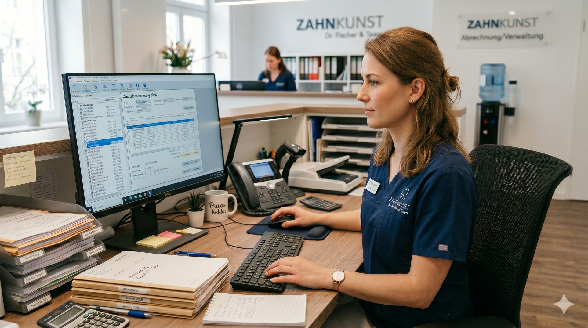 Mitarbeiterin einer Zahnarztpraxis rechnet am Computer am Empfangsdesk Behandlungen ab