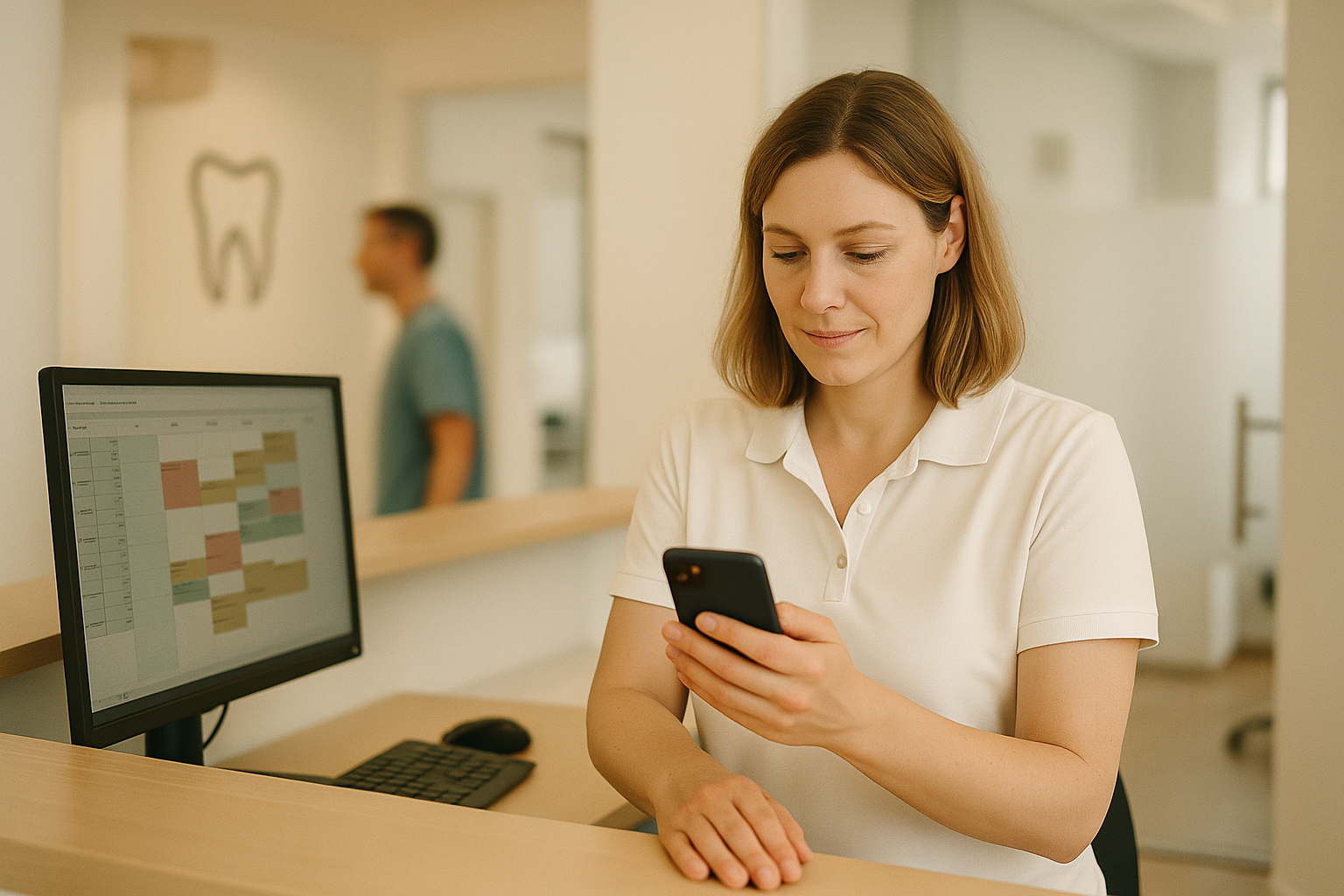 Eine Mitarbeiterin an der Anmeldung einer Zahnarztpraxis liest auf dem Praxishandy die Antwort eines Patienten auf die Terminbestätigung