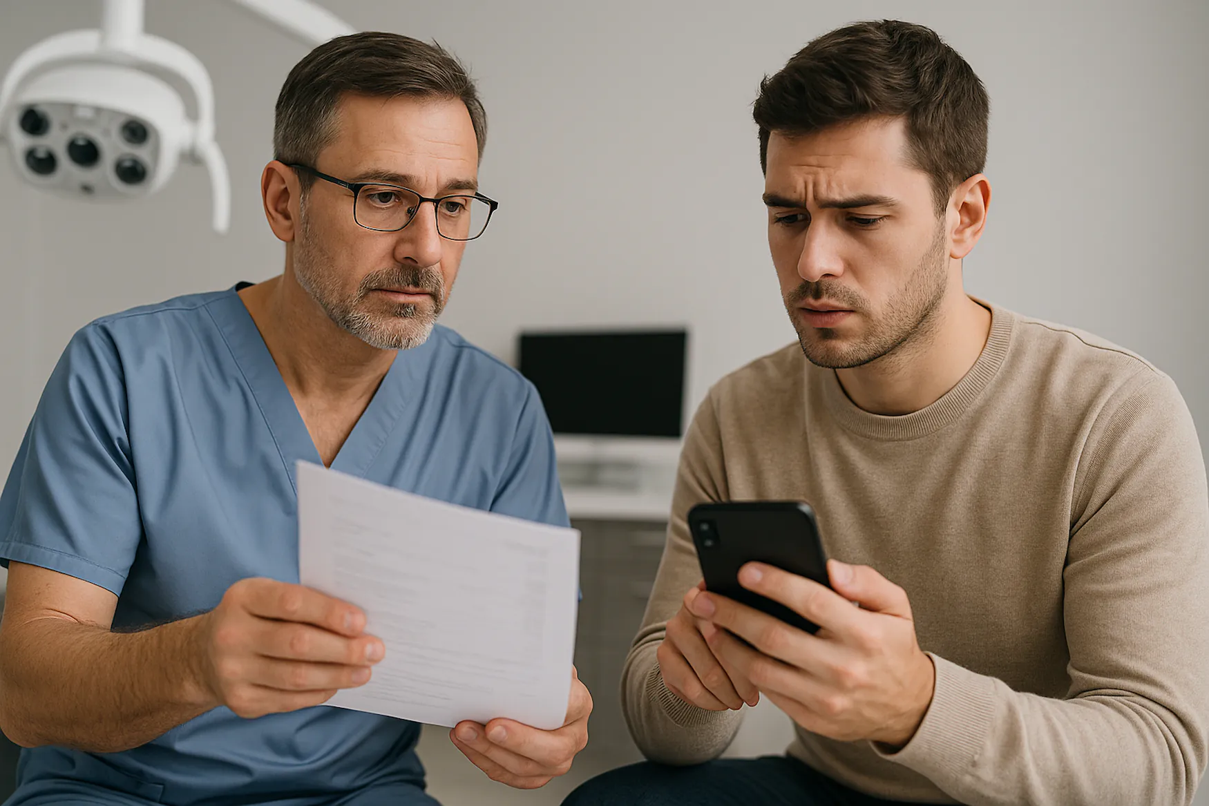 Zahnarzt bespricht digitalen Heil- und Kostenplan mit Patient, der ihn auf dem Smartphone prüft.