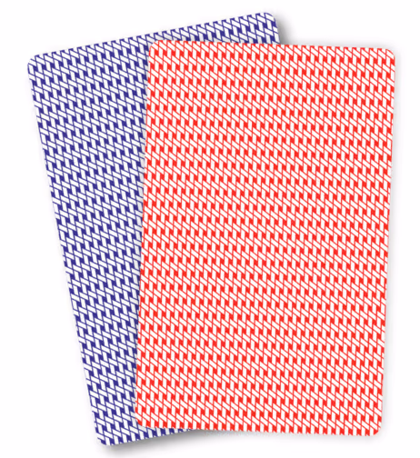Red and blue Great Mogul card backs side by side, featuring intricate detailing and symmetrical royal motifs.