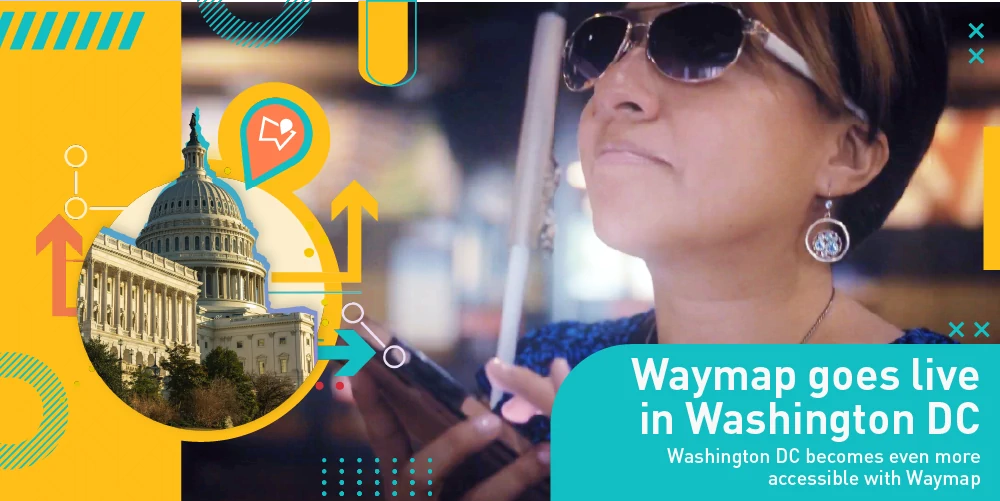 A graphic showing a photo of Evelyn Valdes, a visually impaired woman, holding her phone, with a graphic of Washington's capital building to the left.