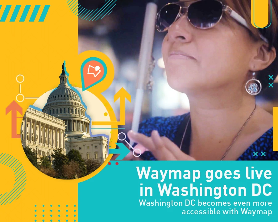 A graphic showing a photo of Evelyn Valdes, a visually impaired woman, holding her phone, with a graphic of Washington's capital building to the left.