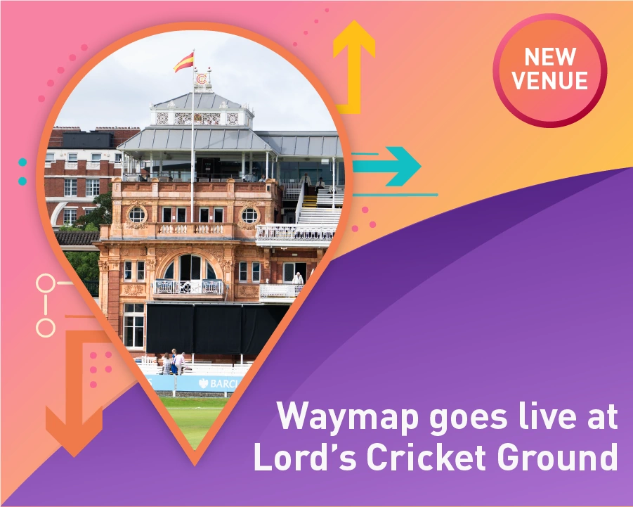 Graphic of Lord's Cricket Grounds' famous Pavilion, shown within a location pin and the words "New Venue" to the right