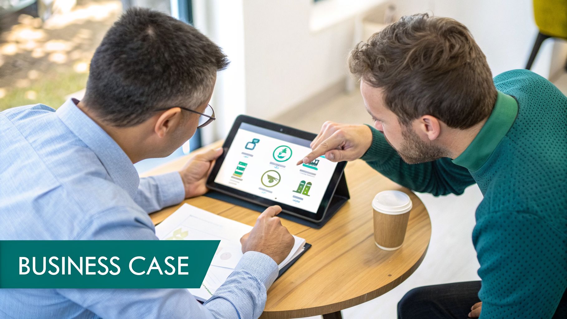 Two businessmen analyze a digital dashboard on a tablet, discussing a business case.