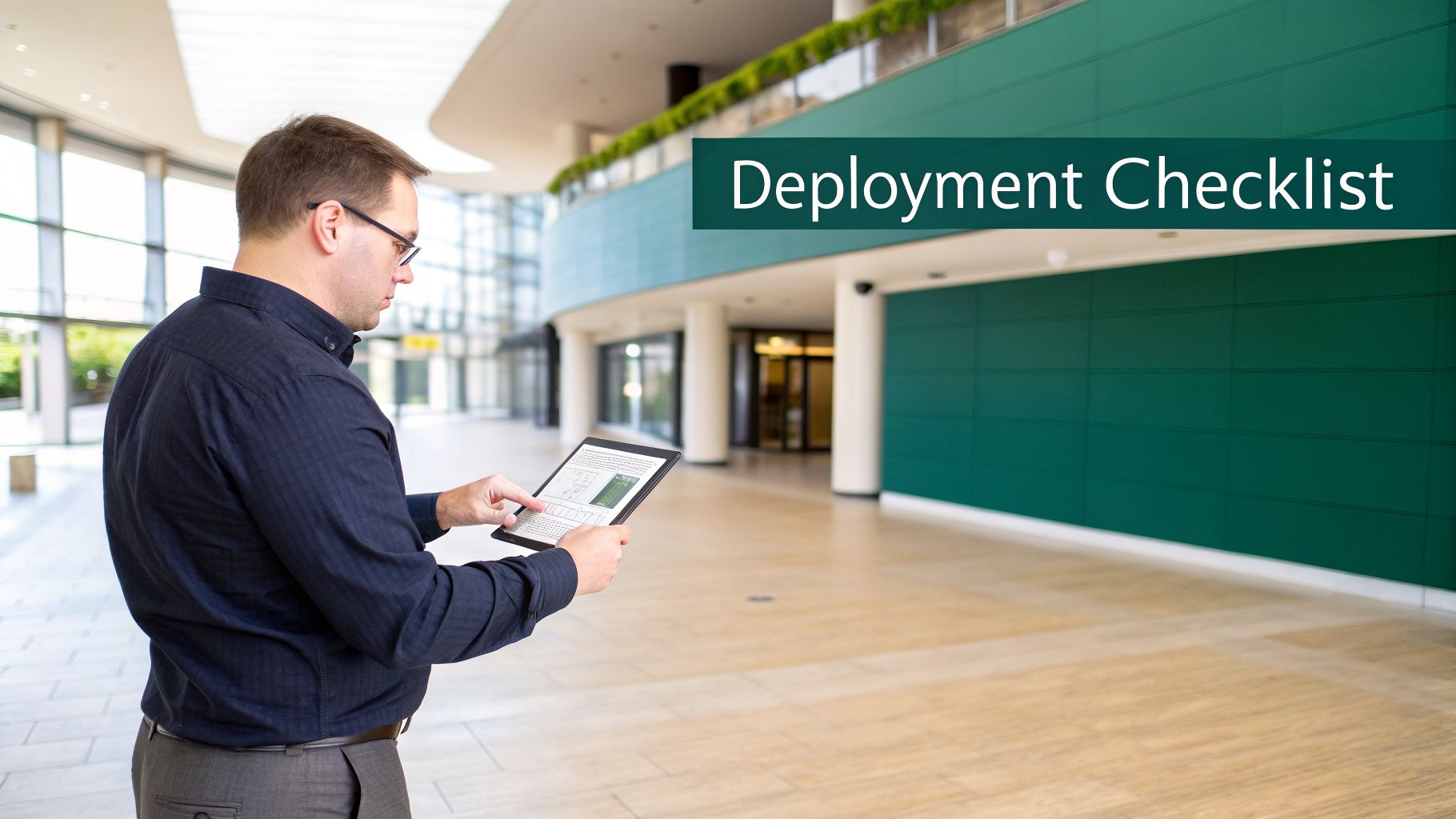 A man in glasses reviews a deployment checklist on a tablet in a modern office building.