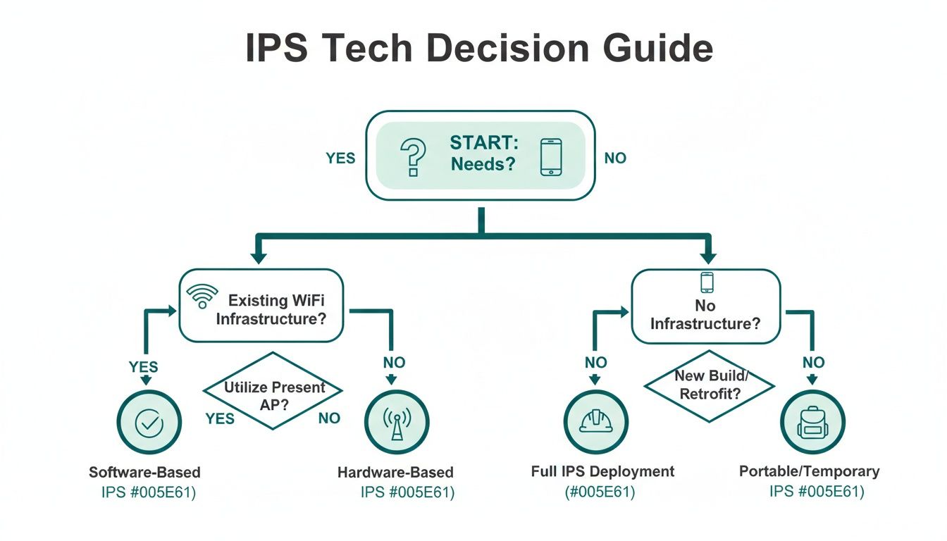 Flowchart guiding IPS technology decisions based on existing WiFi infrastructure and deployment needs.
