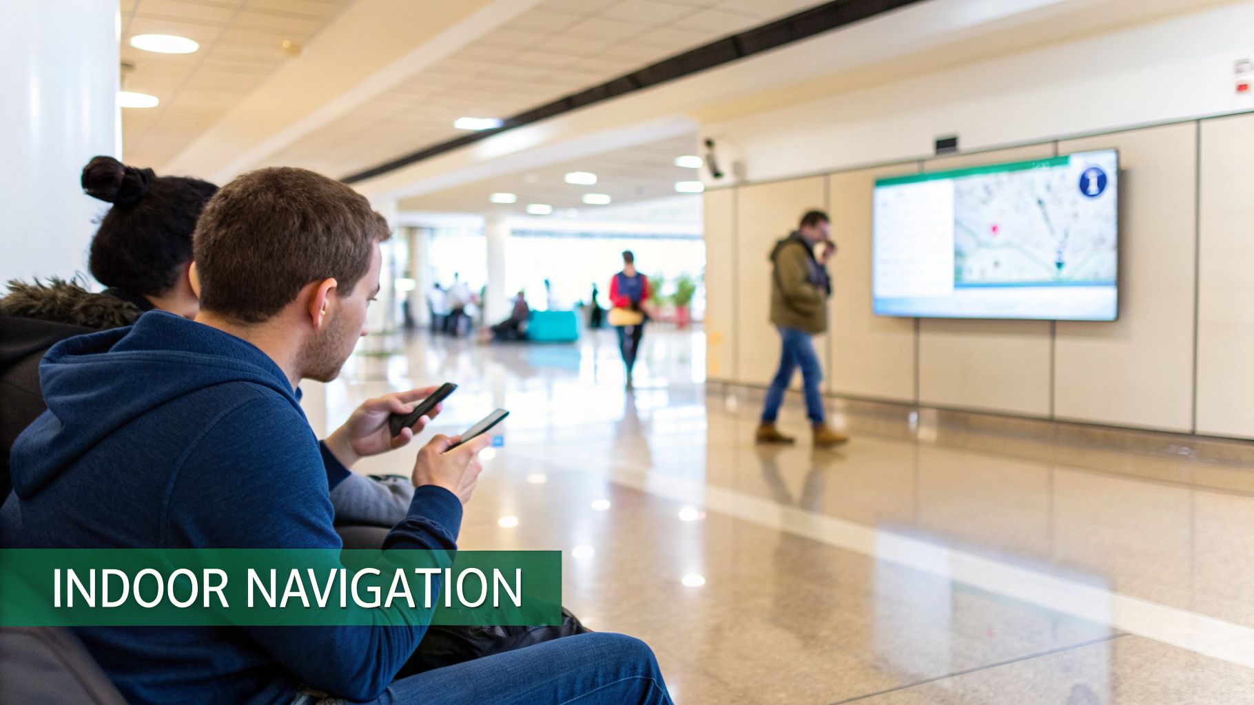 People using phones in a building, with an indoor navigation map displayed on a large screen.