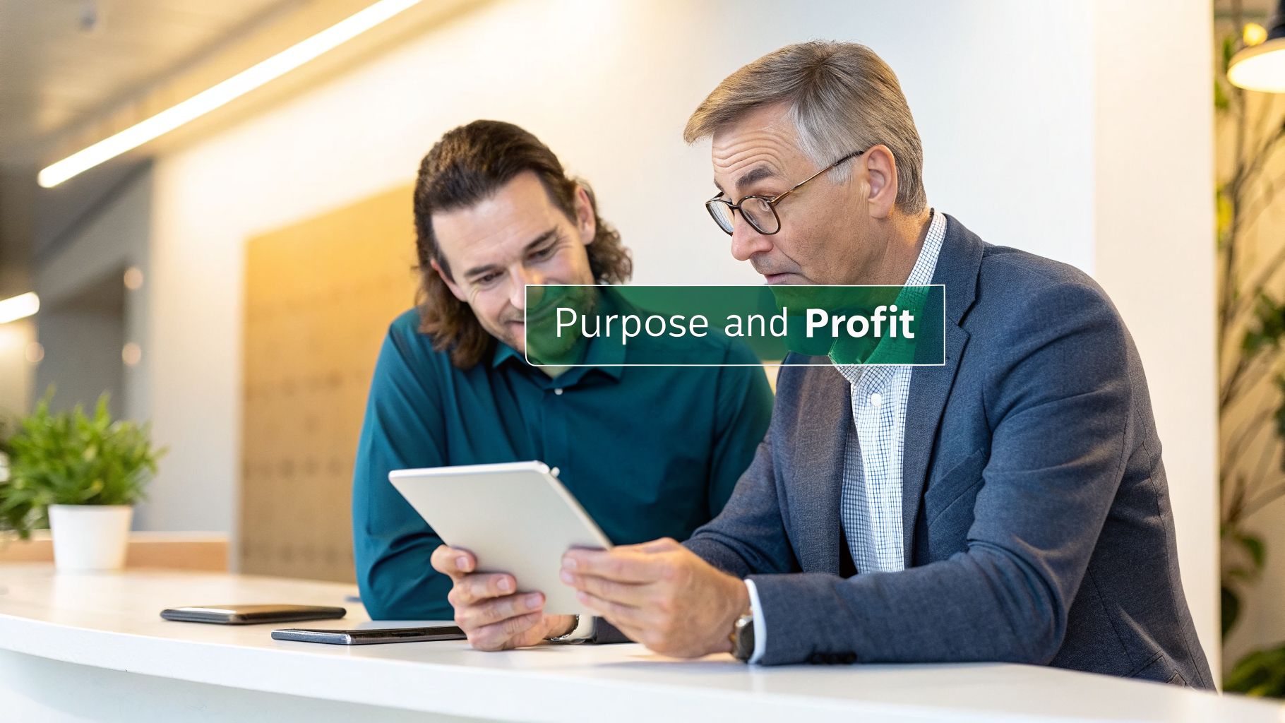 Two businessmen discussing content on a tablet in a modern office, highlighting 'Purpose and Profit'.