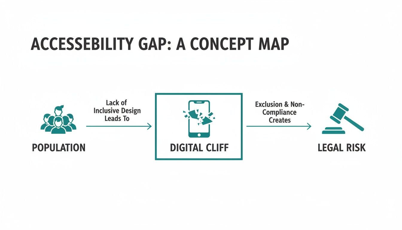 Concept map illustrating the accessibility gap: lack of inclusive design leads to a digital cliff and legal risk.